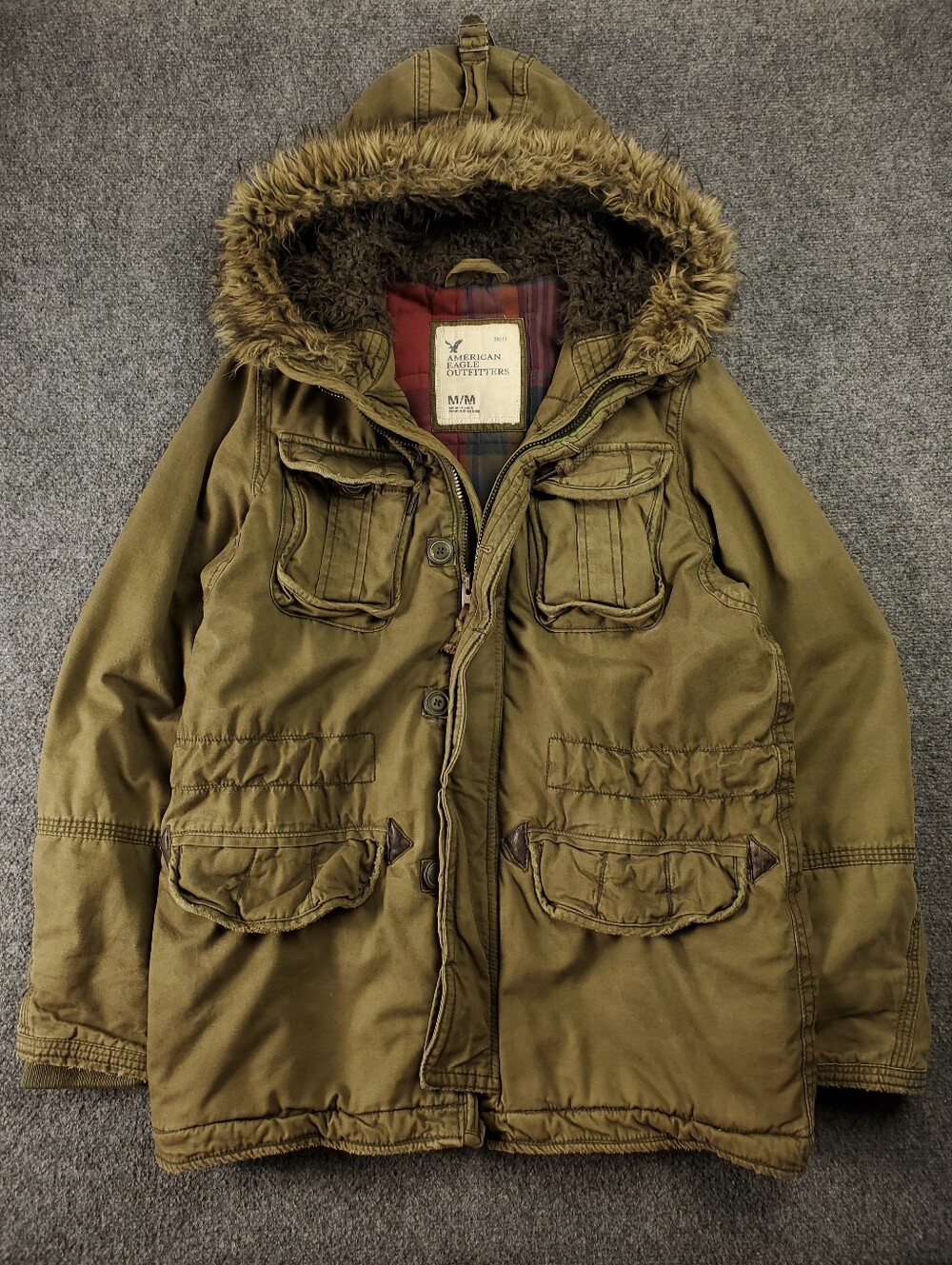 Vintage Y2K American Eagle Field Parka Medium Olive Faux Fur Hood Plaid Lined